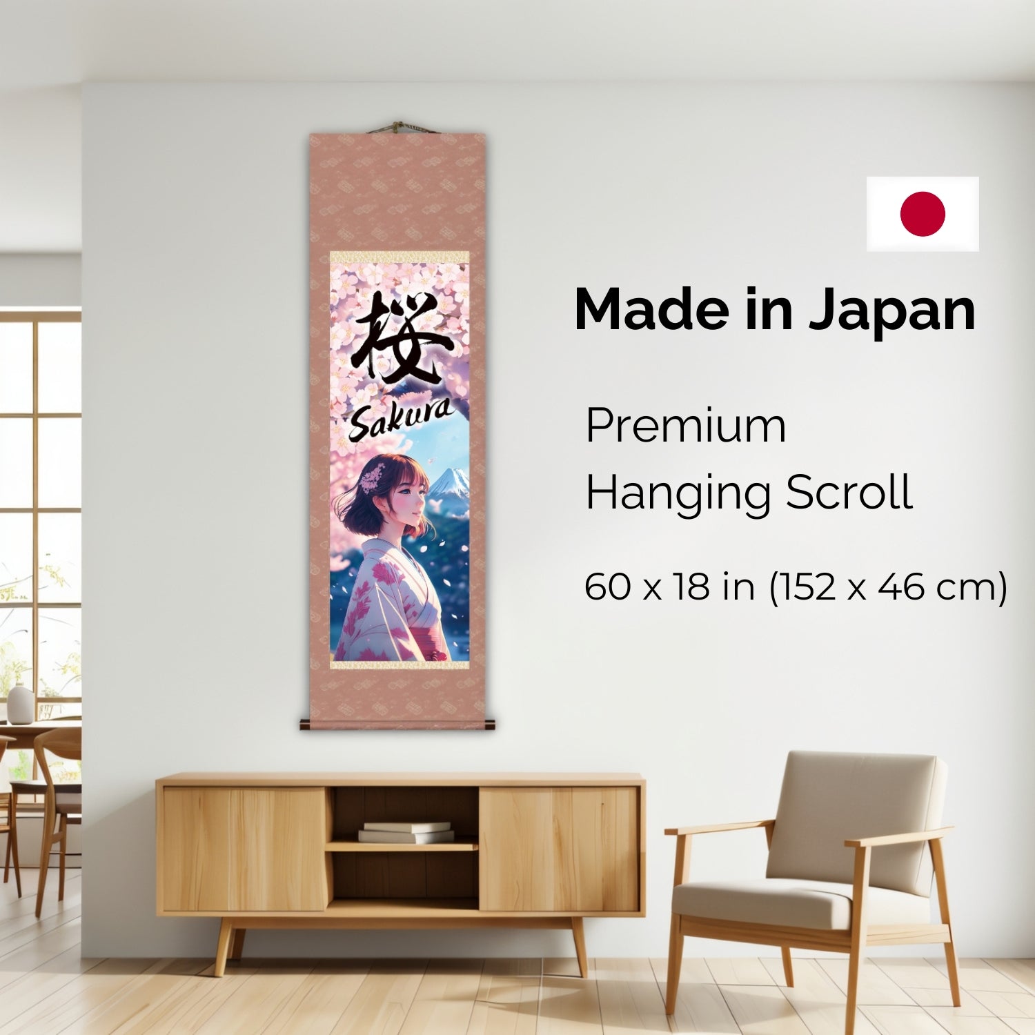Anime giapponese Sakura Kakemono Wall Scroll – Donna in kimono con il Monte Fuji