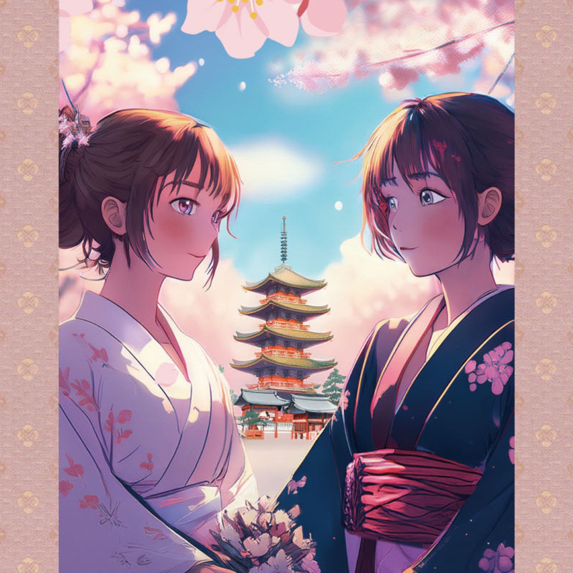 Anime giapponese Sakura Kakemono Wall Scroll – Donne in kimono con pagoda
