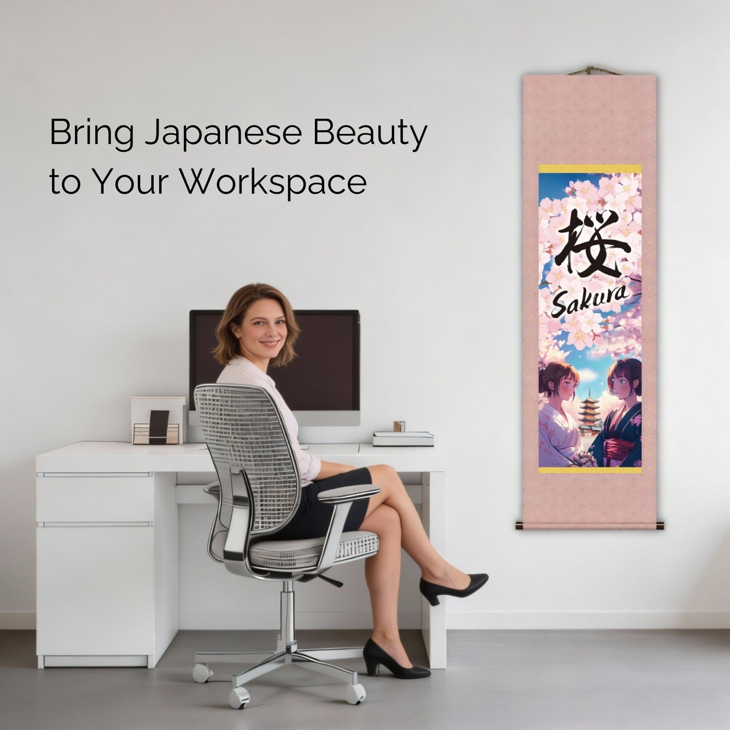 Anime giapponese Sakura Kakemono Wall Scroll – Donne in kimono con pagoda