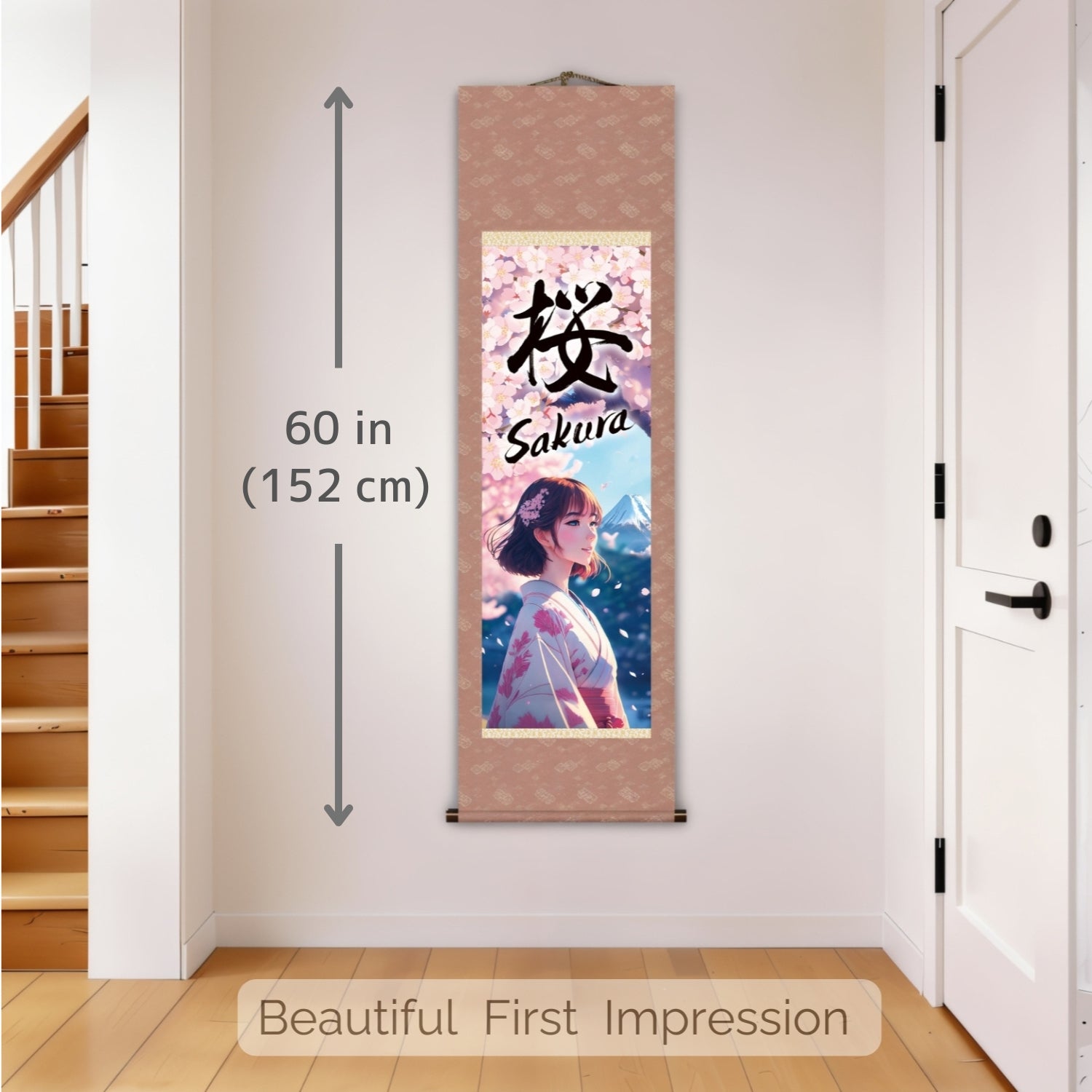 Anime giapponese Sakura Kakemono Wall Scroll – Donna in kimono con il Monte Fuji