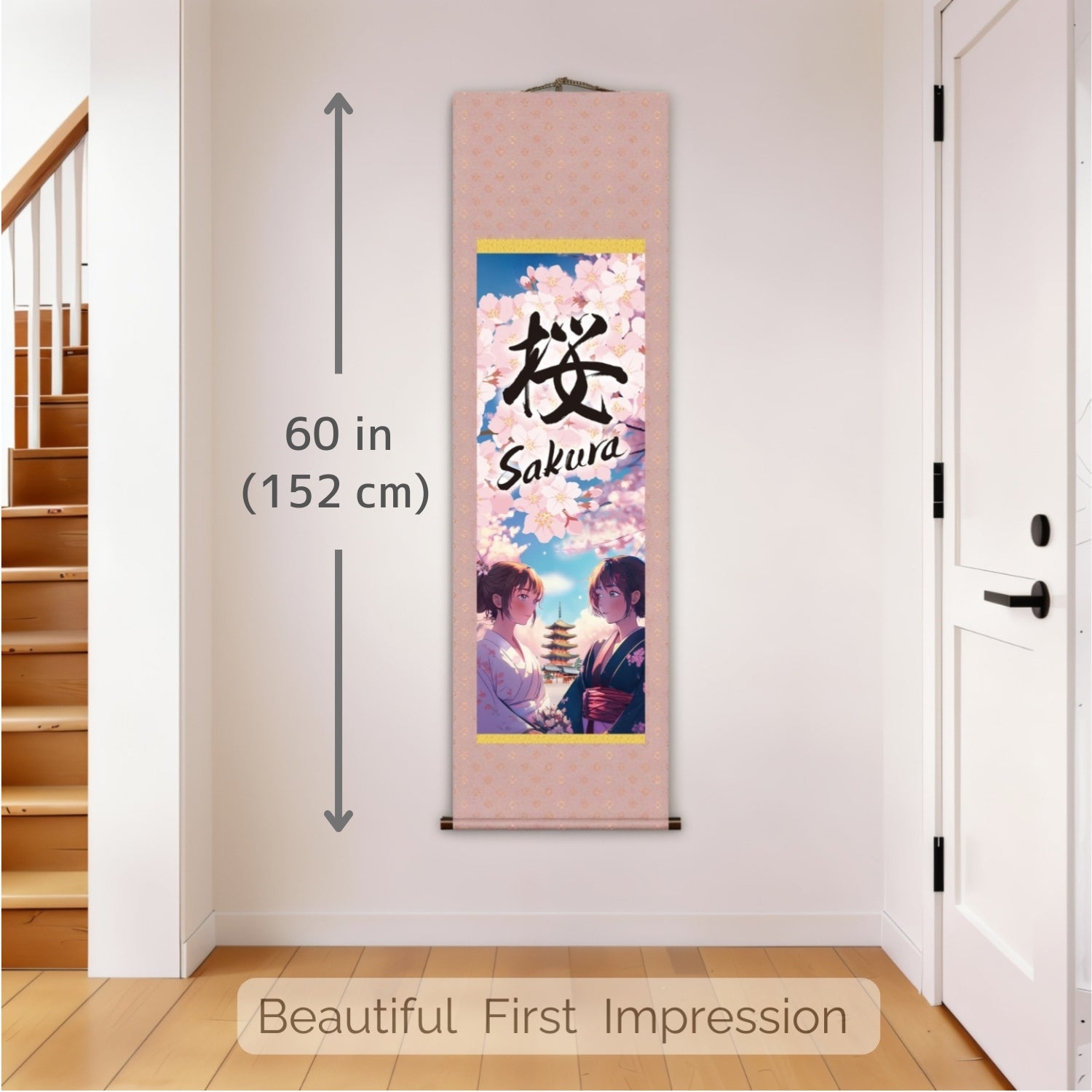 Anime giapponese Sakura Kakemono Wall Scroll – Donne in kimono con pagoda