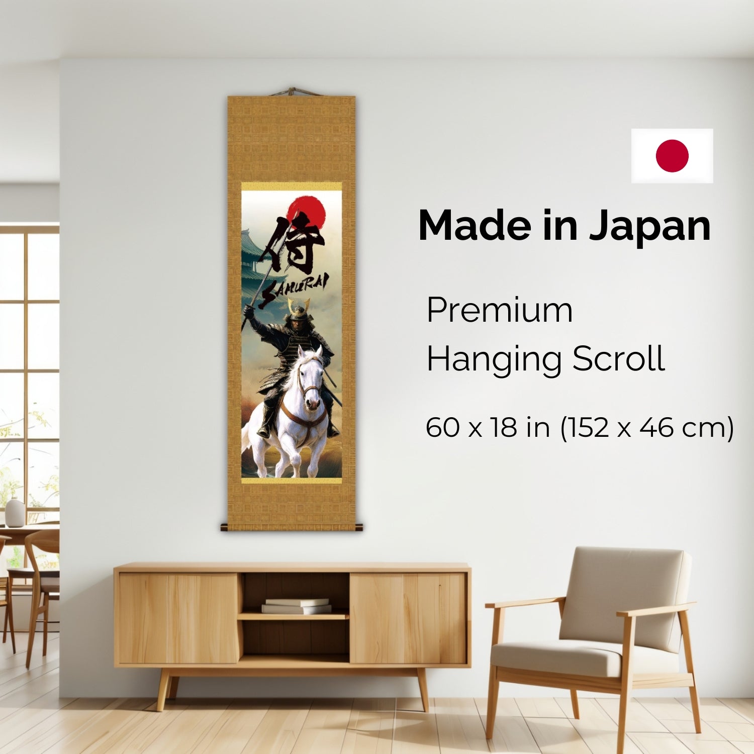 Kakemono mural samouraï japonais – Samouraï monté avec épée sur cheval blanc 