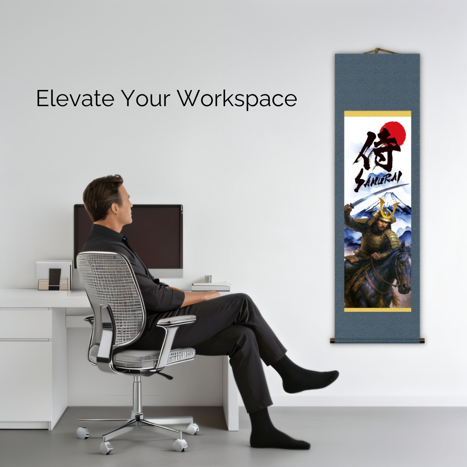 Kakemono mural samouraï japonais – Samouraï monté avec épée et Mont Fuji 