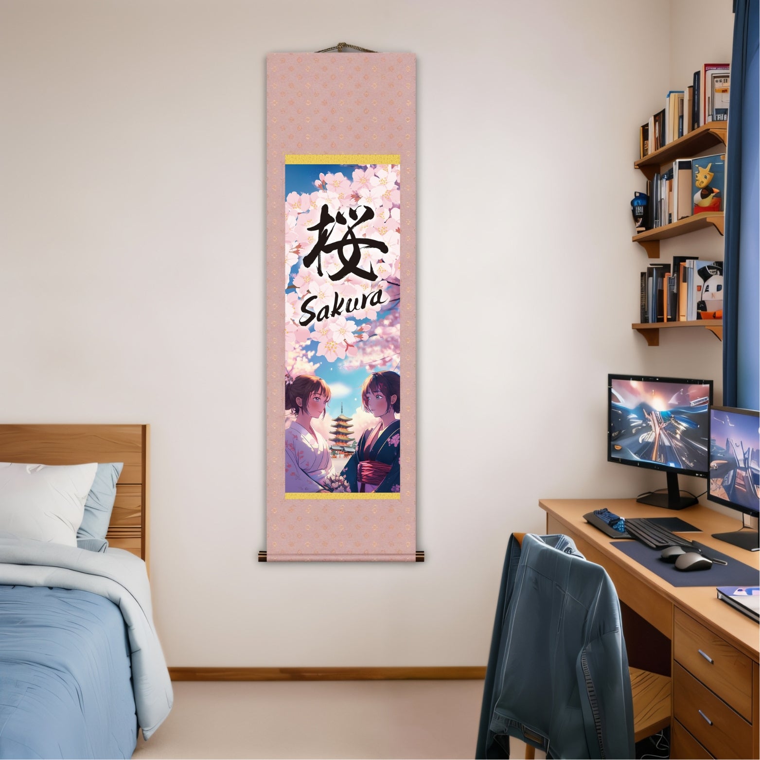 Anime giapponese Sakura Kakemono Wall Scroll – Donne in kimono con pagoda 