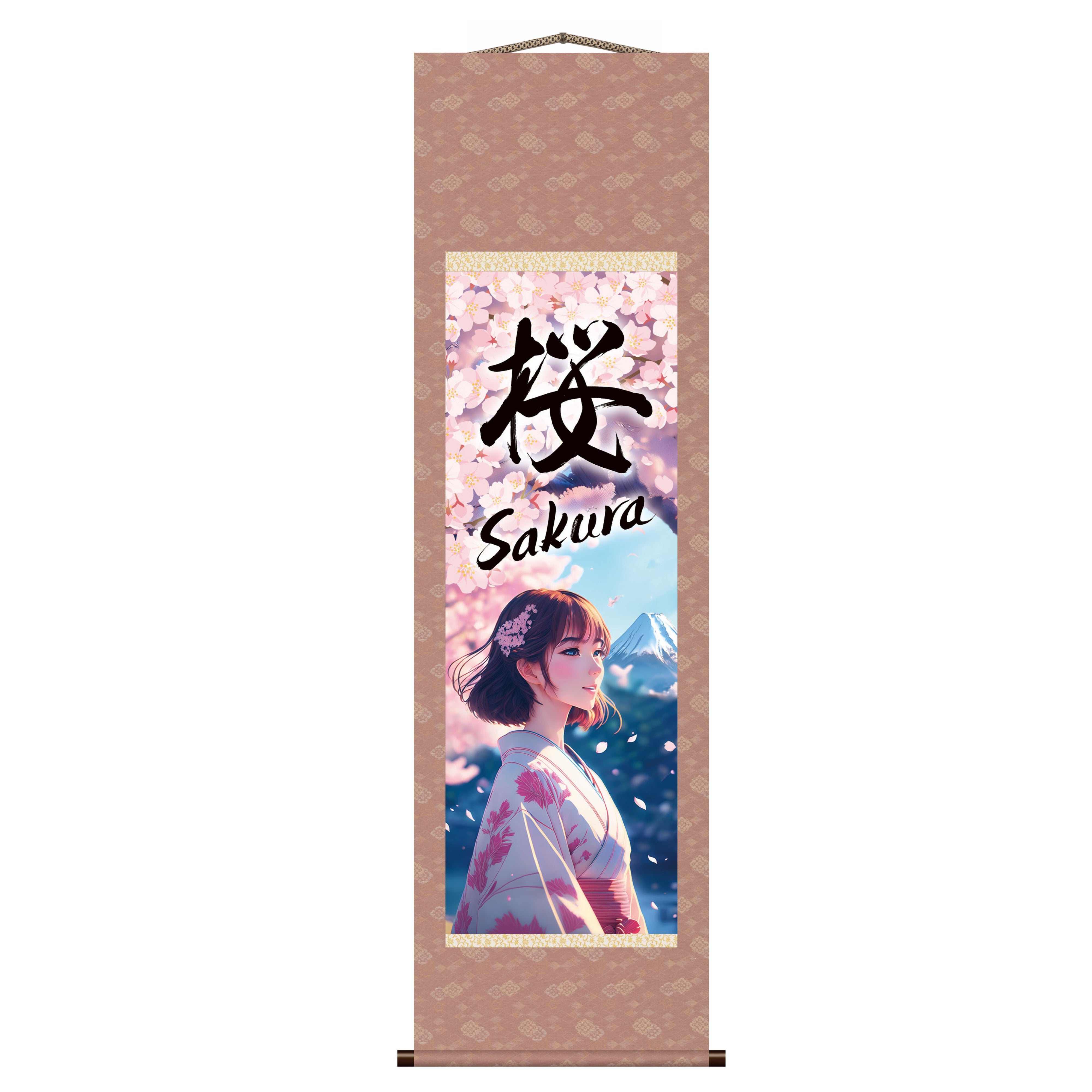 Anime giapponese Sakura Kakemono Wall Scroll – Donna in kimono con il Monte Fuji 