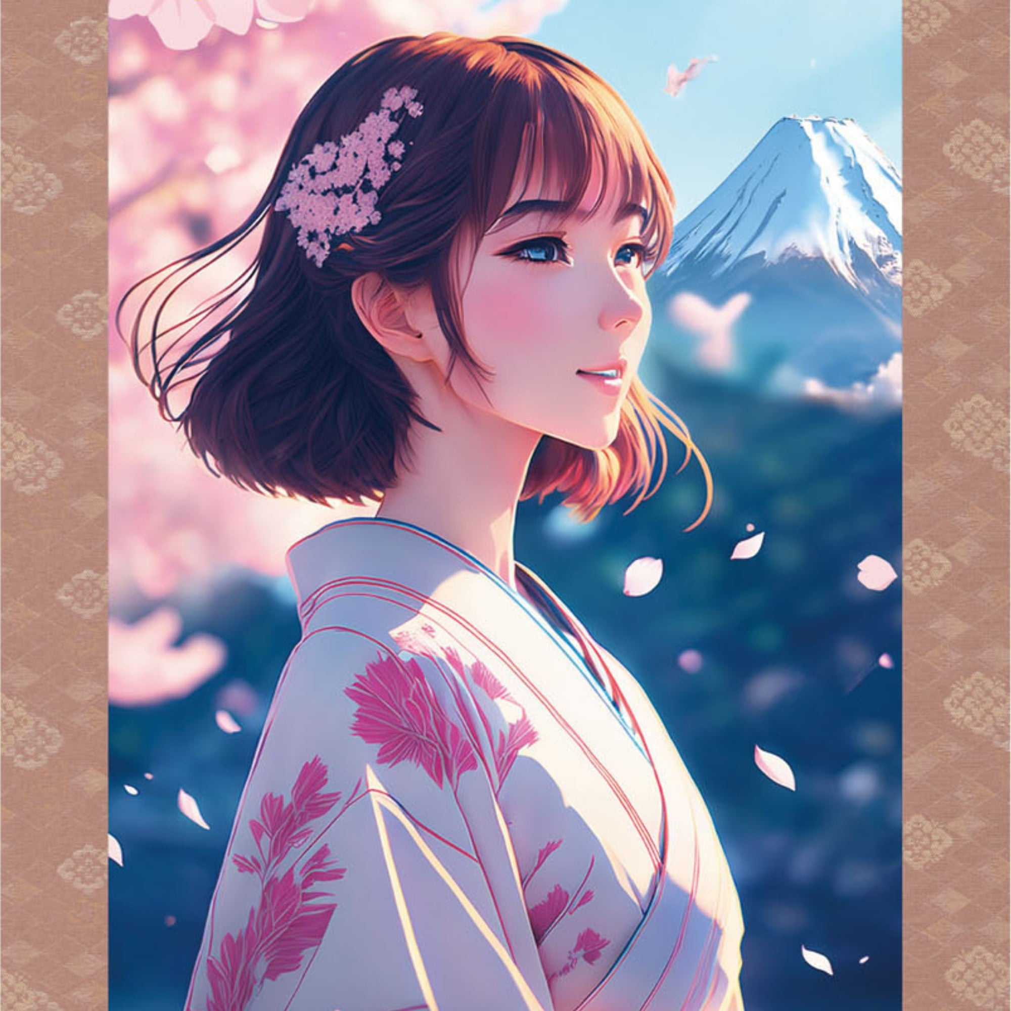 Anime giapponese Sakura Kakemono Wall Scroll – Donna in kimono con il Monte Fuji 