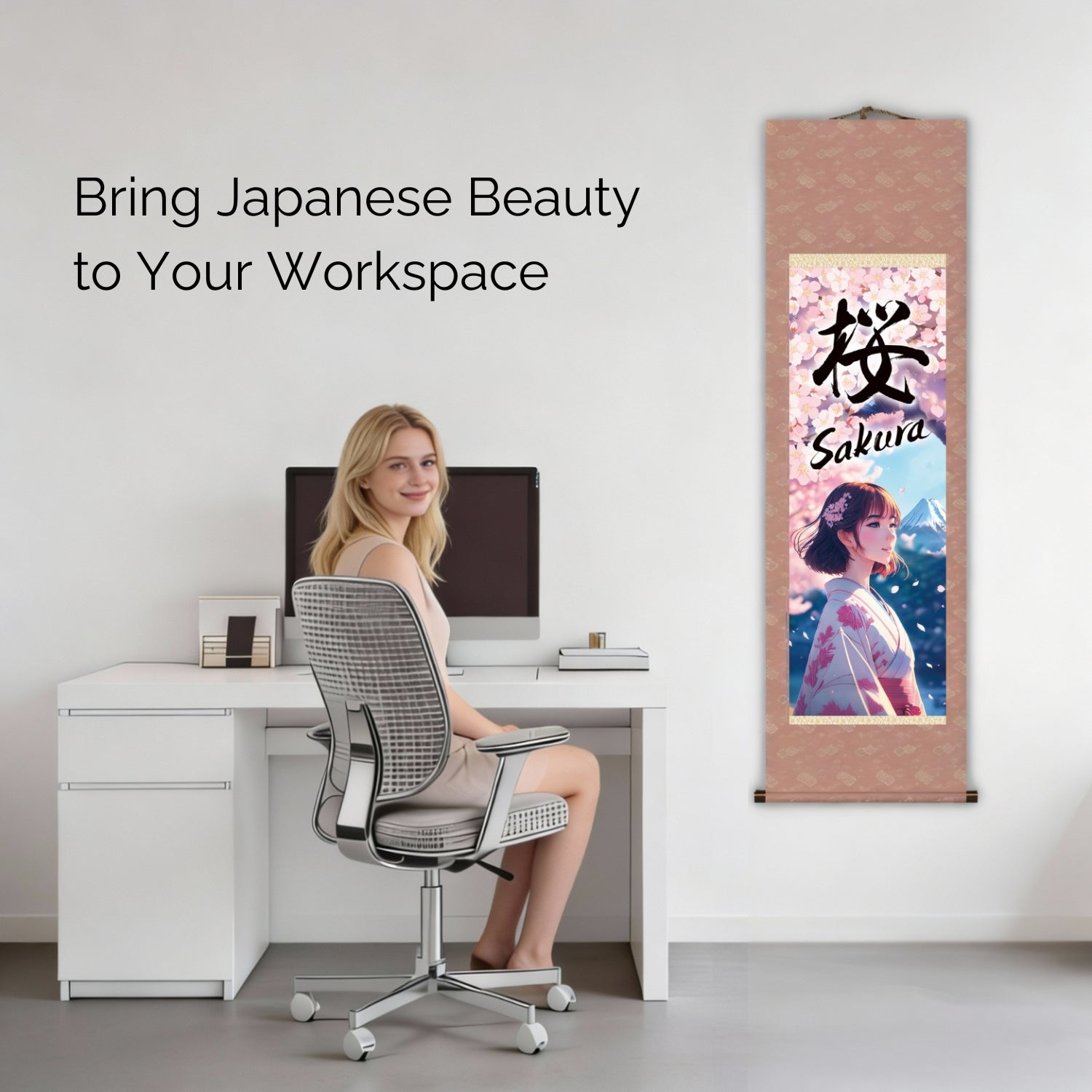 Anime giapponese Sakura Kakemono Wall Scroll – Donna in kimono con il Monte Fuji 