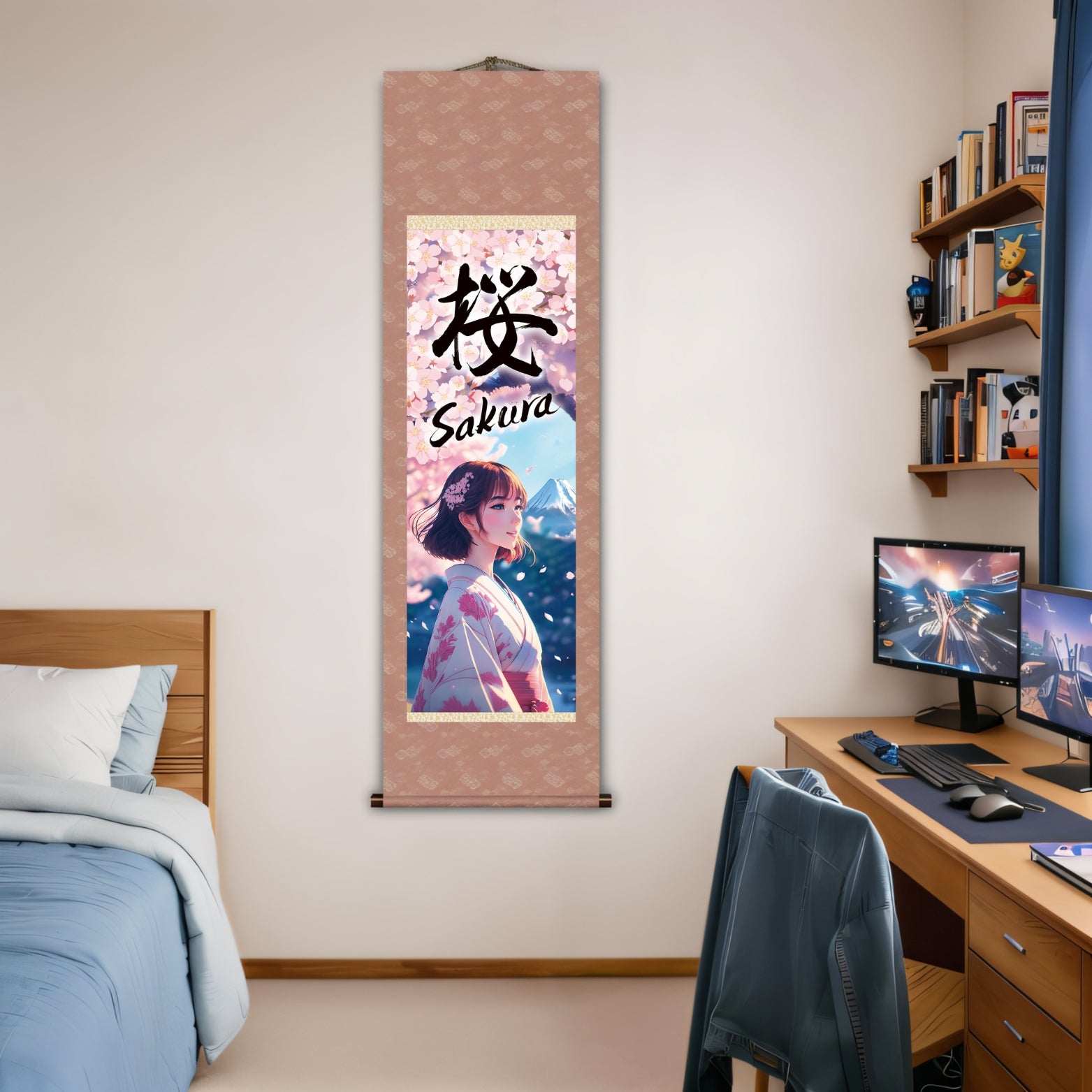 Anime giapponese Sakura Kakemono Wall Scroll – Donna in kimono con il Monte Fuji 