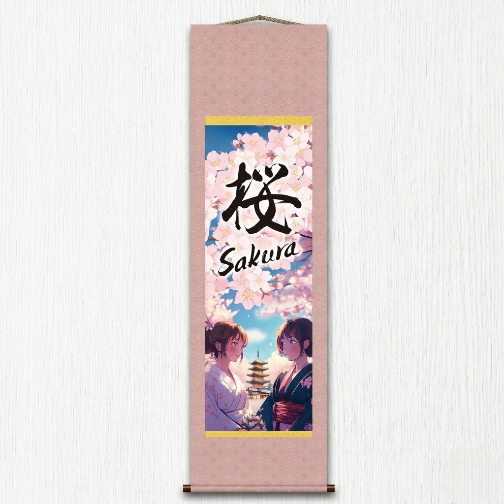 Anime giapponese Sakura Kakemono Wall Scroll – Donne in kimono con pagoda 