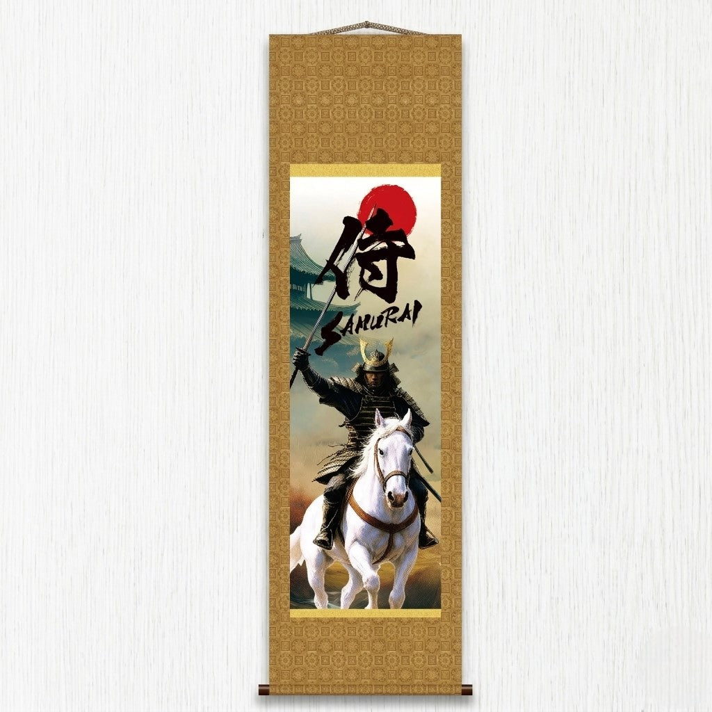 Rotolo da parete Kakemono Samurai giapponese – Samurai montato con spada su cavallo bianco 